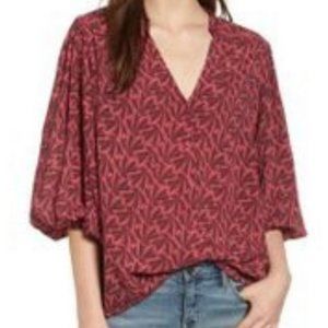 Hinge Red Baroque Retro Feathers Button Down Top